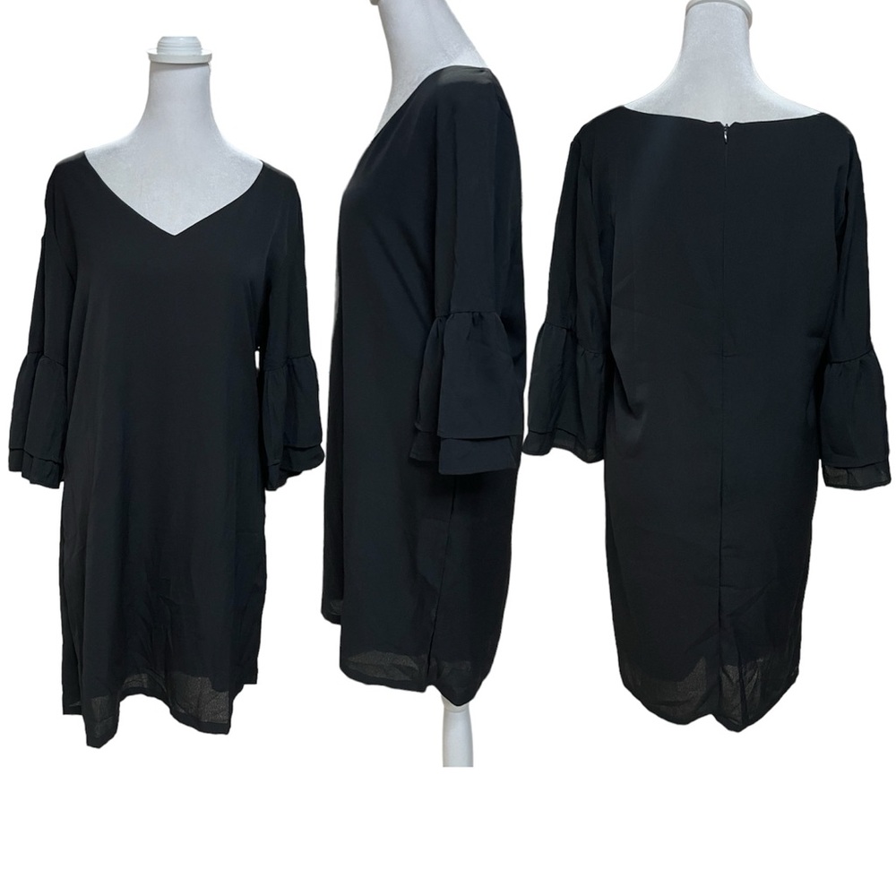 BELONGSCI Black 3/4 Bell Sleeve V-Neck Above the Knee Shift Dress Size Small